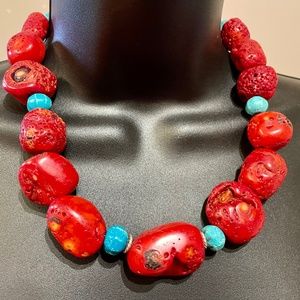 big Red Coral + turquoise  sterling silver findings Native American necklace